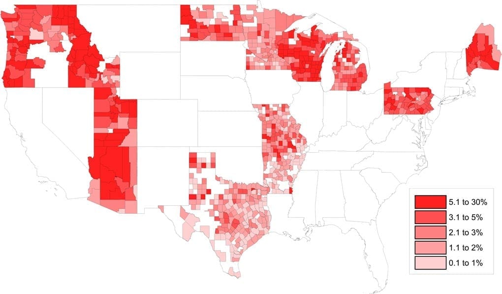 Figure 2: Heat map of county-level NME rates in 2016 to 2017.