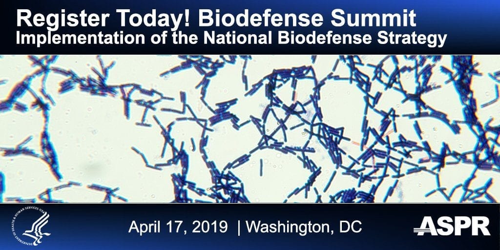 Banner with text asking you to Register Today! Biodefense Summit in Washington DC. Picture of bacteria and logo from U.S. Health and Human Services department.