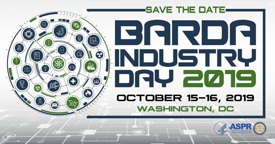 Banner with science and research symbols announcing the BARDA Industry Day