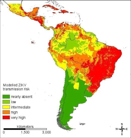 Map of Central and South America showing very high risk of Zika transmission in Brazil, Caribbean, and most of Central America, with high risk in most of the populated areas of the hemisphere, excepting Argentina, Uruguay and Chile