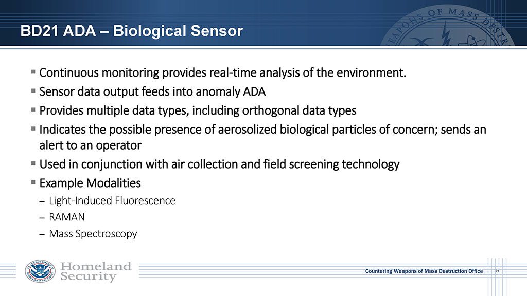 Continuous monitoring provides real-time analysis of the environment. Sensor data feeds into anomaly detector. Used in conjunction with air collection and field screening technology. Example modalities: Light-induced Florescence, RAMAN, Mass Spec