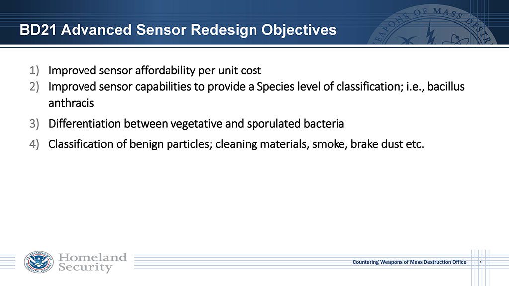 Improved affordability, better species level of classification (such as for Bacillus anthracis), differentiate vegetative and sporulated bacteria, and classification of benign particles such as cleaning materials, brake dust and smoke