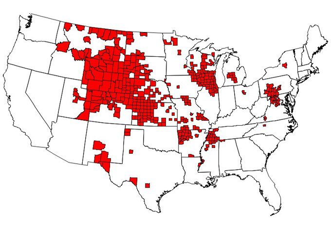 Areas highlighted on the map include broad swaths of Wyomig, Nebraska, Kansas, northern Colorado, many counties in Montana and South Dakota, most of Wisconsin, northern Illinois. To a lesser extent, some counties are highlighted in other states like Pennsylvania, Massachusetts, Minnesota, North Dakota, Arkansas, Missouri,Texas, New Mexico, Utah and a few more.