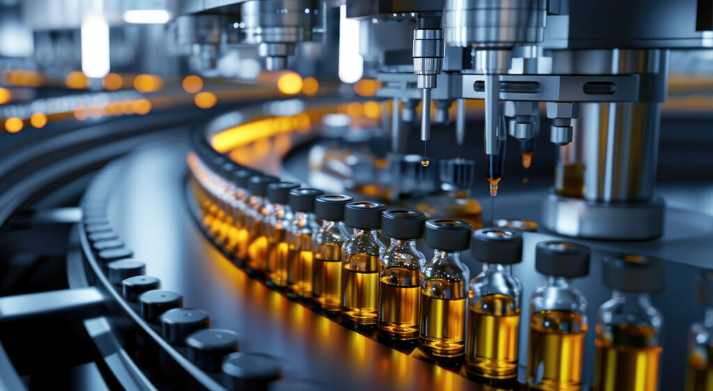 Automated machinery fills rows of small glass vials with liquid in a high-tech vaccine manufacturing facility. The vials move along a conveyor system beneath precise nozzles dispensing uniform doses. The setting is sterile and industrial, emphasizing precision and large-scale production.