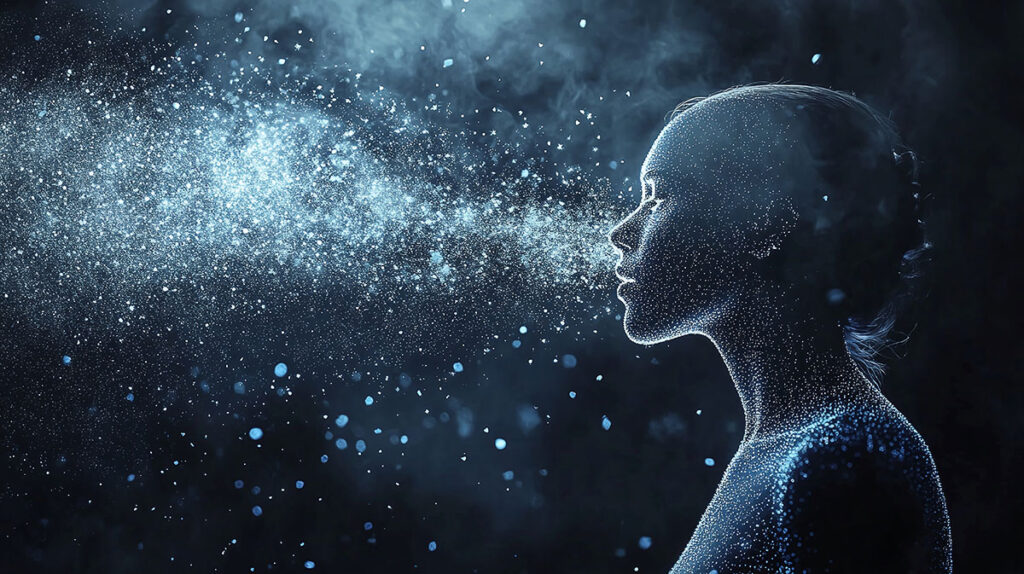 Digital illustration showing a side profile of a human figure exhaling a cloud of particles, representing the emission of respiratory particles into the air. The image conveys the concept of airborne pathogen transmission across a range of particle sizes.