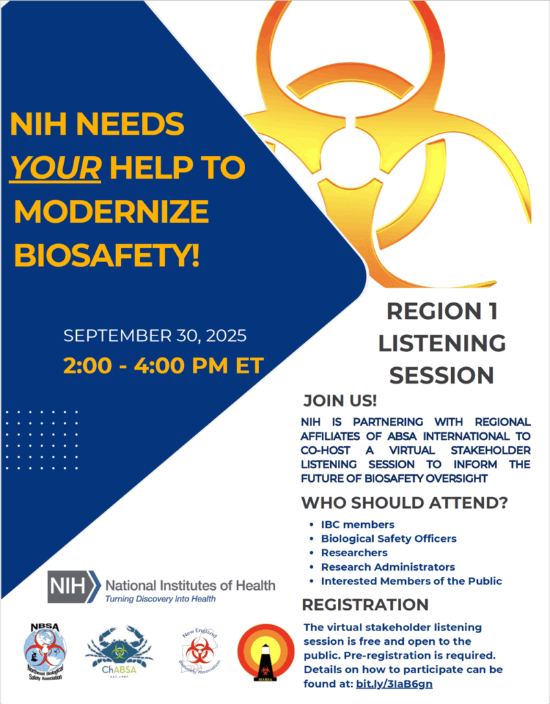 Poster advertising the NIH Biosafety Modernization listening session on 30 Sep 2025.