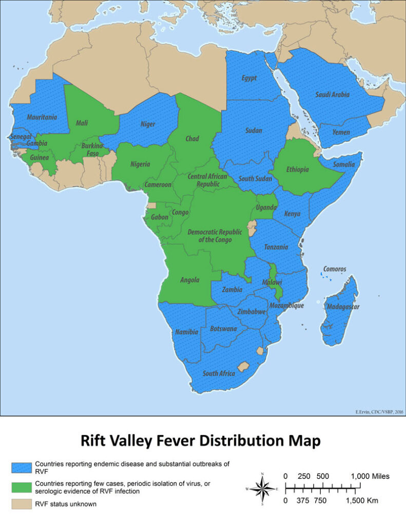 Map of Africa and parts of the Middle East showing countries affected by Rift Valley Fever. Nations with major or endemic outbreaks, such as Kenya, Sudan, South Africa, Egypt, and Saudi Arabia, are shaded in blue. Countries with limited or periodic cases, including Senegal, Mauritania, and Nigeria, are shaded in green. Beige indicates areas where RVF status is unknown. The map includes a scale bar, a compass rose, and geographic labels, illustrating how the disease spans from West to East Africa and extends into the Arabian Peninsula. Produced by the U.S. Centers for Disease Control and Prevention.
