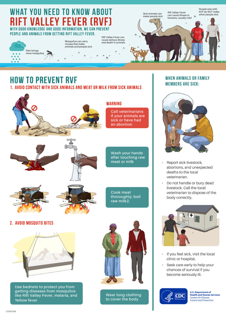 Infographic showing how to prevent Rift Valley Fever. It illustrates people avoiding contact with sick animals, cooking meat and boiling milk, washing hands, and using mosquito nets and long clothing to prevent bites. It also advises reporting sick livestock, not handling dead animals, and seeking medical care if ill.
