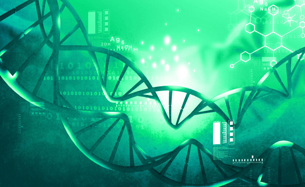 Africa CDC Launches Genomics Advisory Body to Strengthen Health Security A digital illustration featuring DNA double helix structures rendered in luminescent geometric patterns. Chemical molecular formulas and binary digital code are interwoven throughout the composition, representing the intersection of genomic science and data technology. Layered DNA strands are shown in flowing, interconnected arrangements against a gradient background, symbolizing the interconnected nature of genomic research and pathogen surveillance networks.