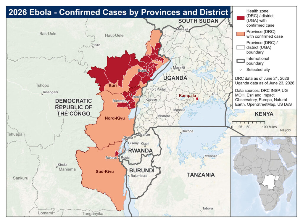 A CDC map titled "2026 Ebola – Confirmed Cases by Provinces and District" showing the eastern Democratic Republic of the Congo and neighboring Uganda. Three DRC provinces are marked as having confirmed Ebola cases: Ituri in the north, and Nord-Kivu and Sud-Kivu to the south. Within each affected province, specific health zones with confirmed cases are further distinguished from the broader province area. Across the international border in Uganda, one district within the capital, Kampala, is also marked as having a confirmed case linked to the DRC outbreak. Surrounding countries shown for geographic context include South Sudan, Rwanda, Burundi, Tanzania, Kenya, and others. A small inset map locates the DRC within the African continent.